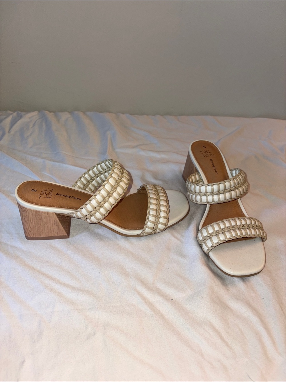 Time and Tru Cream Braided Strap Block Heel Mules